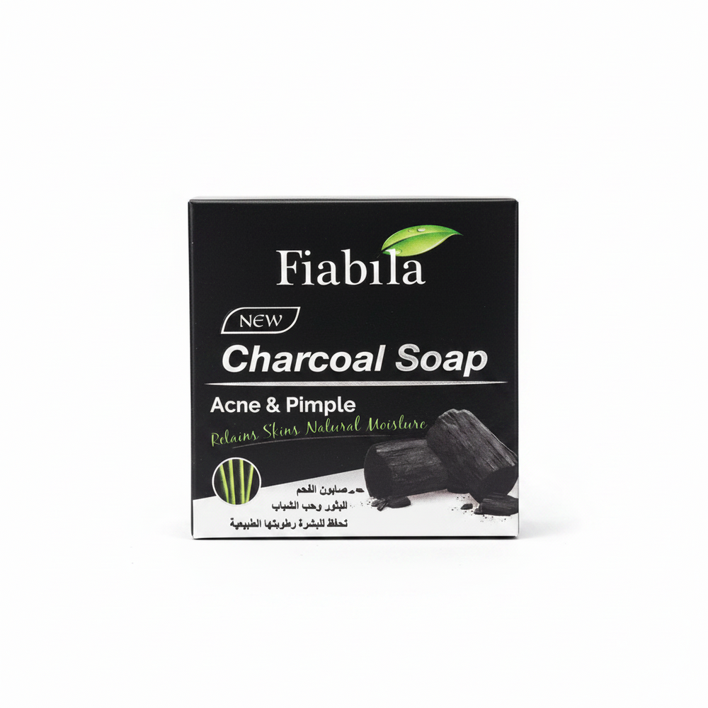 Charcoal soap box for acne and pimple care, black front panel