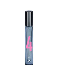 J. 4 Pour Homme fragrance bottle, black cap, pink 4 on clear 10 ml bottle