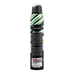 J. body spray bottle back label with barcode and ingredient text; striped black, white, green, blue