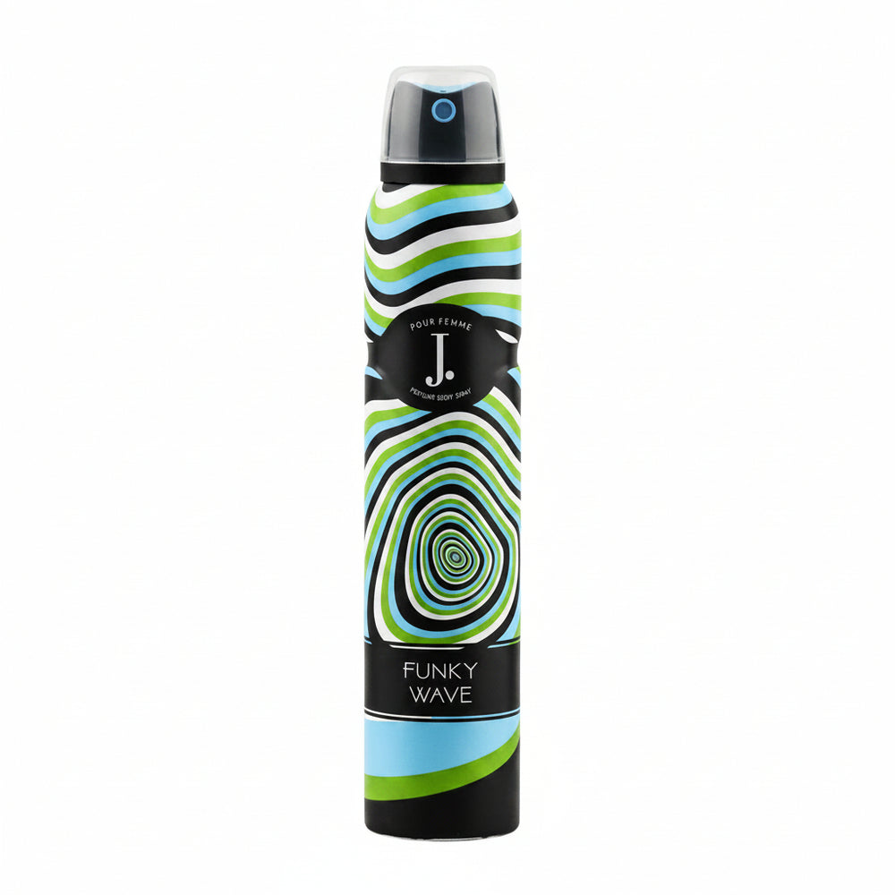 J. body spray bottle with Funky Wave graphic and striped black, white, green, and blue design