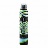 J. body spray bottle with Funky Wave graphic and striped black, white, green, and blue design