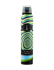 J. body spray bottle with Funky Wave graphic and striped black, white, green, and blue design