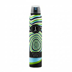 J. body spray bottle with Funky Wave graphic and striped black, white, green, and blue design