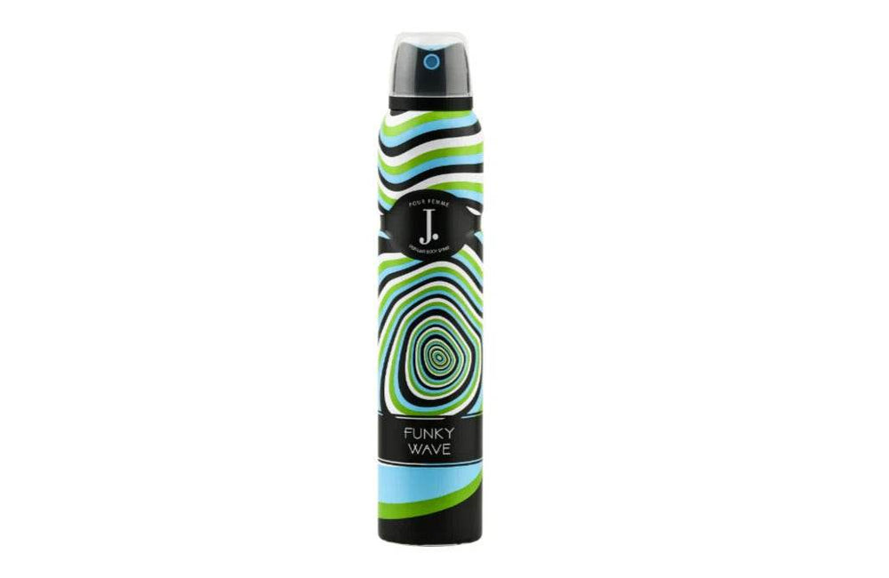 J. body spray bottle with striped black, white, green, and blue design and flip-top cap