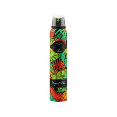 Body spray canister with tropical leaf print, black J logo band, silver cap