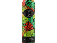Body spray canister close-up with tropical leaf pattern and black J logo band