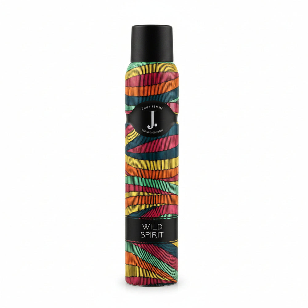 Body spray bottle, multicolor striped label, black cap, Wild Spirit