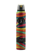 Body spray bottle, multicolor striped label, black cap, Wild Spirit