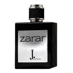 Men's eau de parfum bottle, black with silver cap and white label showing J.
