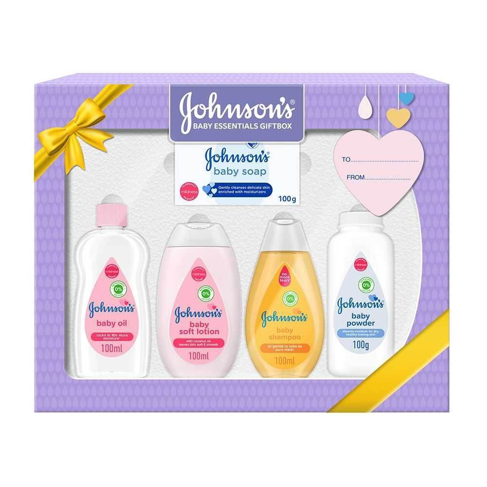 Baby gift box set with 5 Johnson's baby toiletries bottles and heart tag, purple packaging