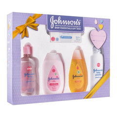Baby toiletries gift box with five bottles: soap, soft lotion, shampoo, baby powder