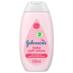 Baby soft lotion label on pink bottle with white cap, 200ml