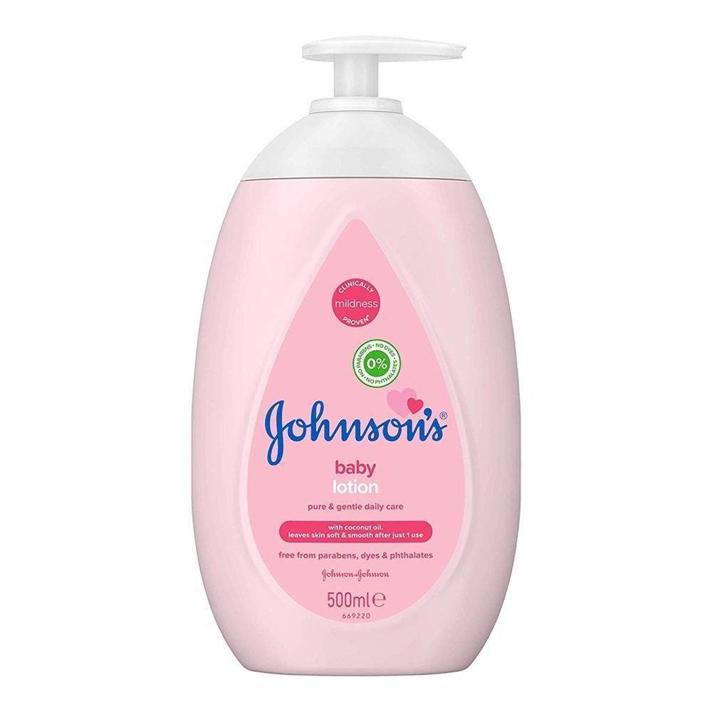 Johnson's baby lotion pump bottle, 500 ml, pink label.