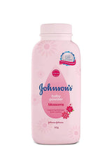 Baby powder bottle, pink plastic with Johnson’s logo and floral design, 50 g