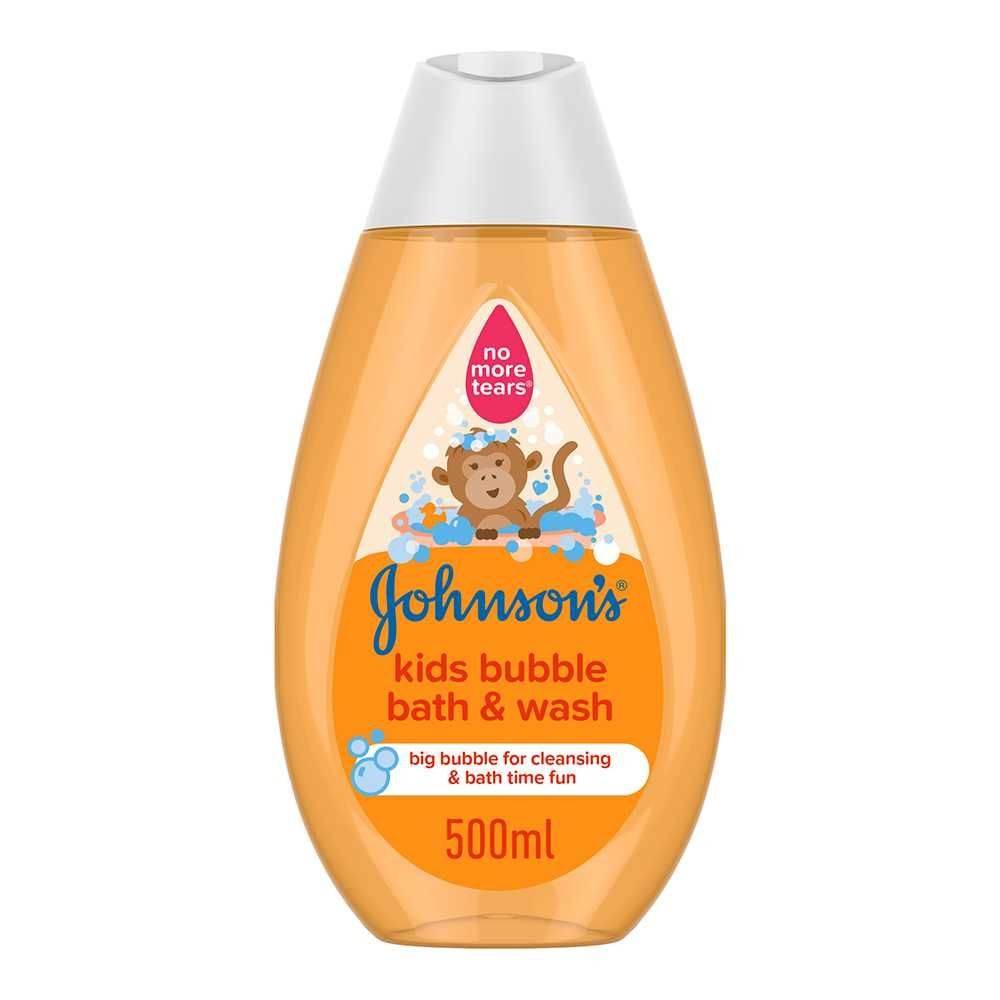 Johnsons kids bubble bath & wash bottle, orange 500ml, front label with bear