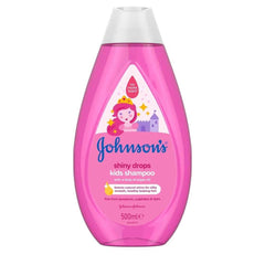 Pink shampoo bottle, white cap, 500ml Johnsons Shiny Drops Kids label.