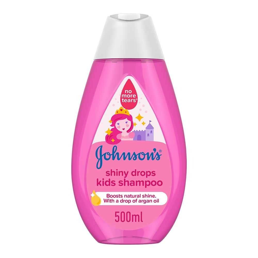 Pink kids shampoo bottle with white cap; Johnsons Shiny Drops label.