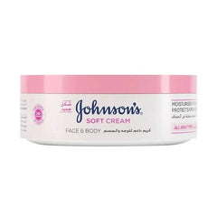 Face and body cream jar, white tub with pink top band and soft cream label.