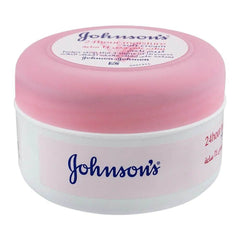 Johnson's moisture cream tub with pink lid and blue label on front