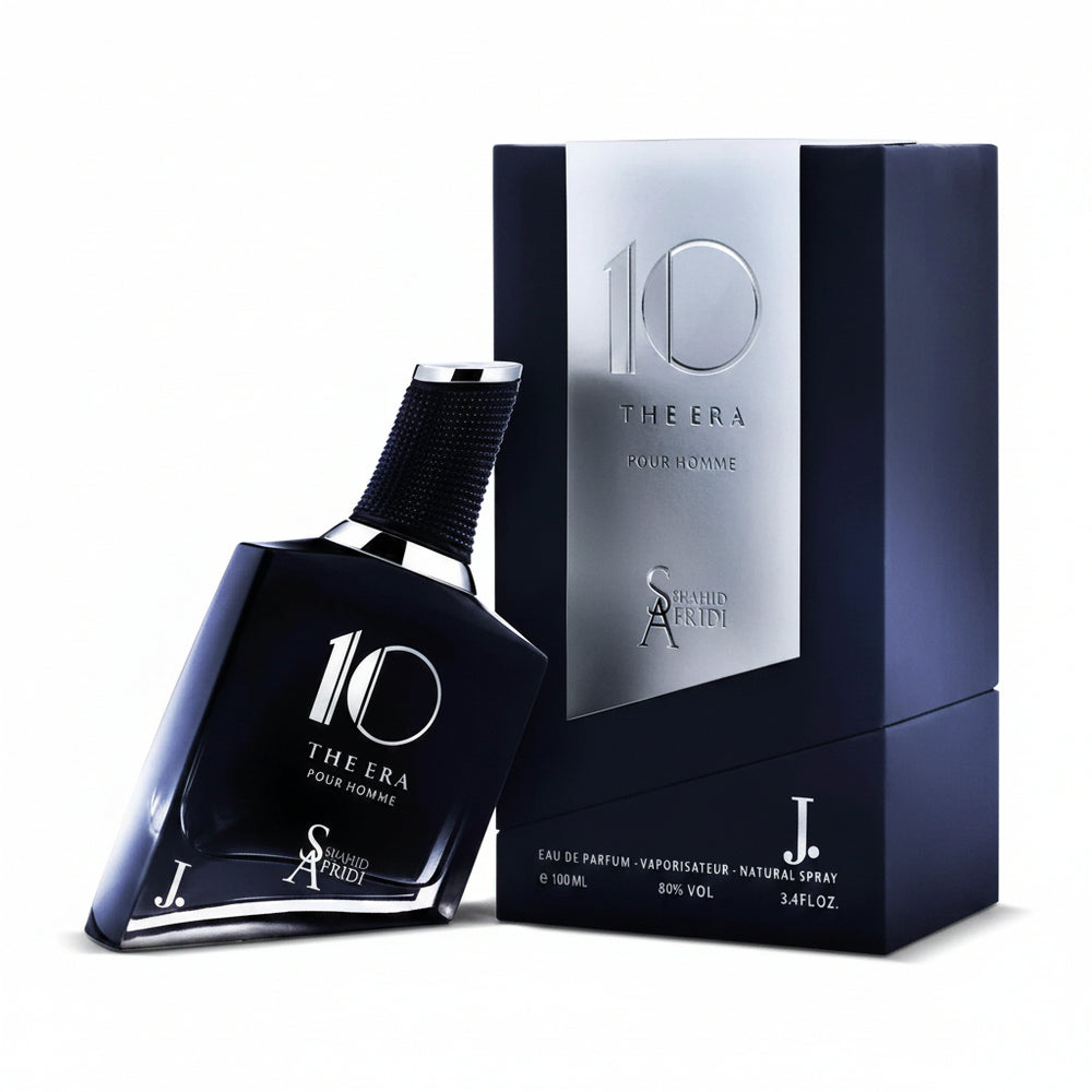 Men's eau de parfum bottle and box, dark blue glass with spray cap