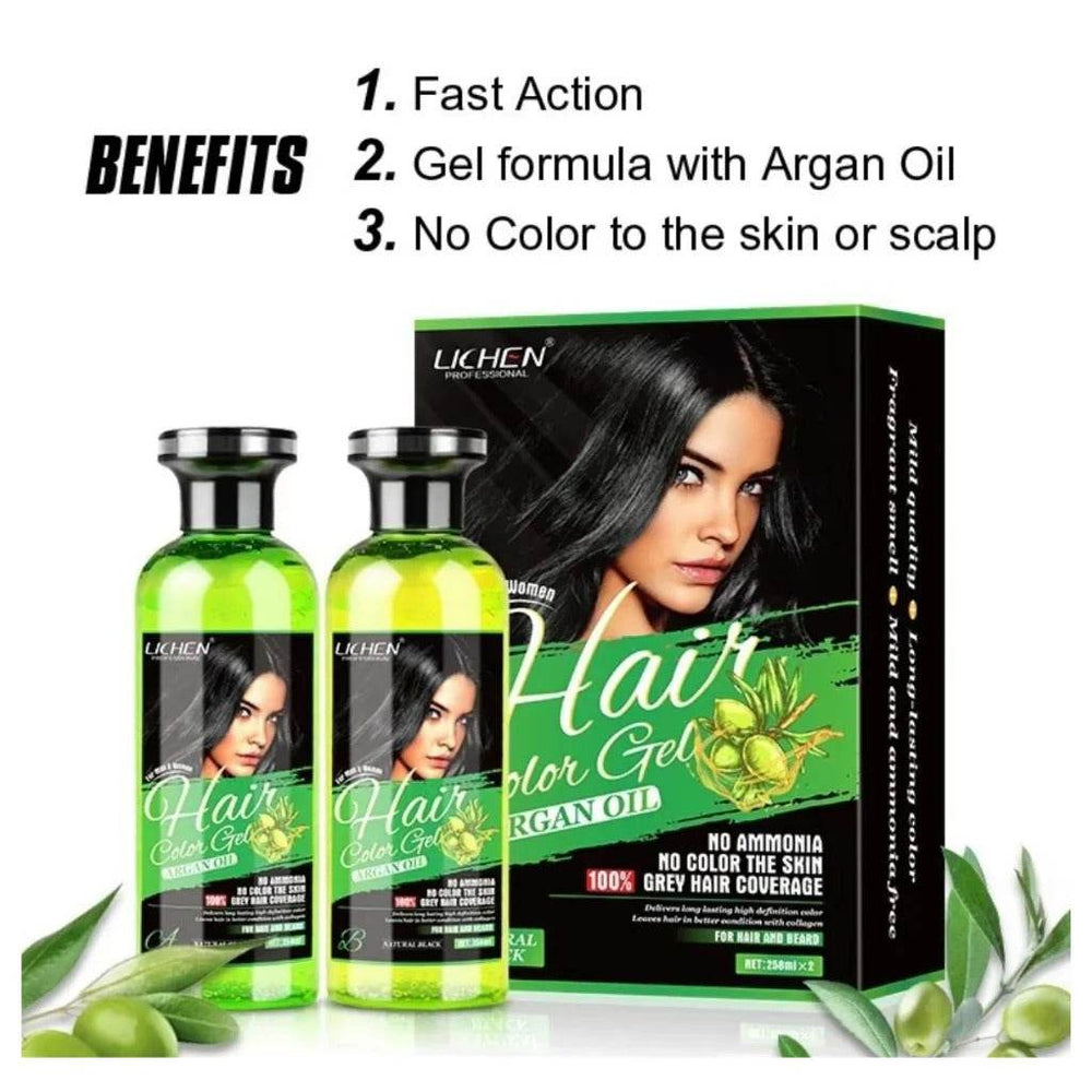 Lichen hair color gel set with two green bottles and box, argan oil formula
