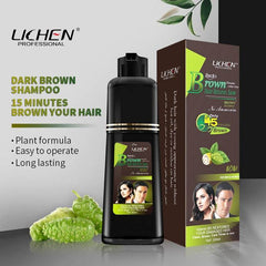 Dark brown shampoo bottle with box, 15 minutes hair care, black bottle and green label