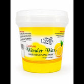 Hair removing wax tub with lemon label, yellow wax and white lid
