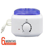 White wax heater with blue lid and temperature control dial, includes power plug cords