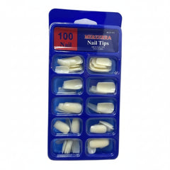 White nail tips set in blue blister pack, assorted short square false nails