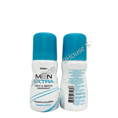 Mistine Men Extra roll-on deodorant duo, blue-capped bottles front and back
