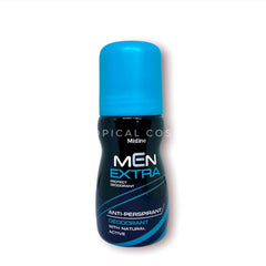 Men's roll-on deodorant bottle with blue cap and black label