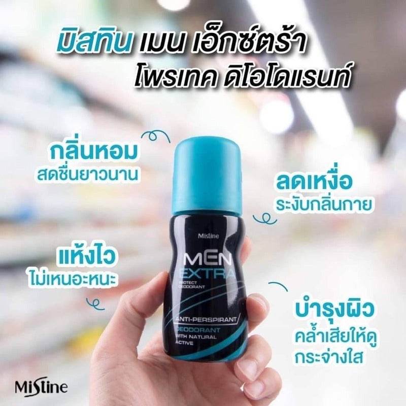 Men's roll-on deodorant bottle, black with blue cap