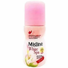 Mistine White SPA roll-on deodorant bottle with pink cap and front label close-up