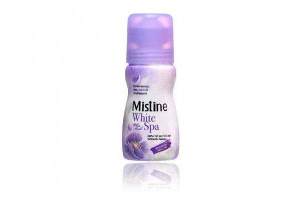 Mistine White Spa roll-on bottle, purple cap and base, 35 ml