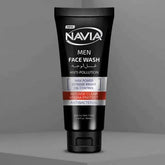 Navia Men face wash tube, black with flip cap and label branding, front view