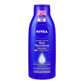 Nivea rich nourishing body lotion bottle, blue cap, 48h hydration label