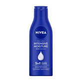 NIVEA Intensive Moisture body lotion bottle, blue cap and drop logo, front label view
