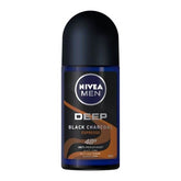 Nivea Men Deep roll-on deodorant, black cap and dark blue label with DEEP branding