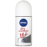 Nivea dry comfort anti-perspirant roll-on, white bottle with blue and red label, 48h.