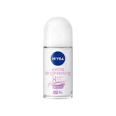 NIVEA extra brightening deodorant roll-on, clear glass bottle with white cap and blue label