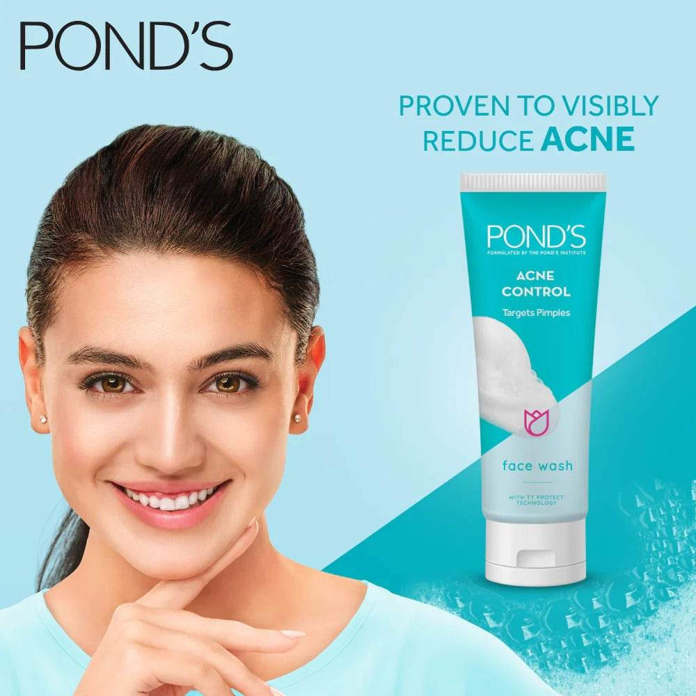 POND's Acne Control face wash tube with white cap, teal label, 100 g