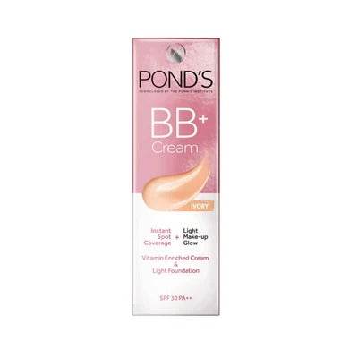 Pond's BB+ Cream Ivory tube and package, light makeup coverage formula, SPF 30