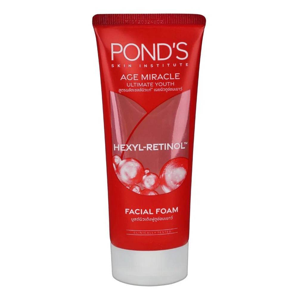Face wash foam tube in red with POND'S branding, Hexyl-Retinol text, white base