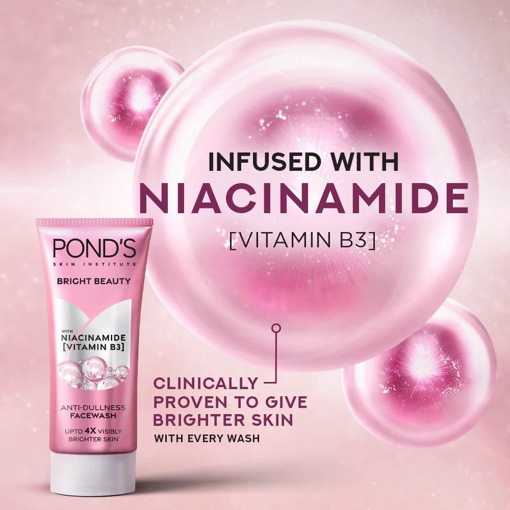Pink POND'S niacinamide face wash tube with white cap, 100 g.