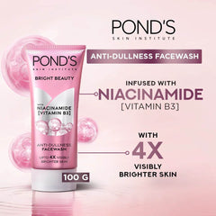 Pink POND'S anti-dullness facewash tube, 100 g, with niacinamide claim on pack.