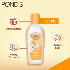 POND'S Honey Lotion bottle with 65 ml label, honey extract and radiant skin icons