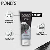 Ponds Pure Detox face wash tube with activated charcoal and refined skin texture icons