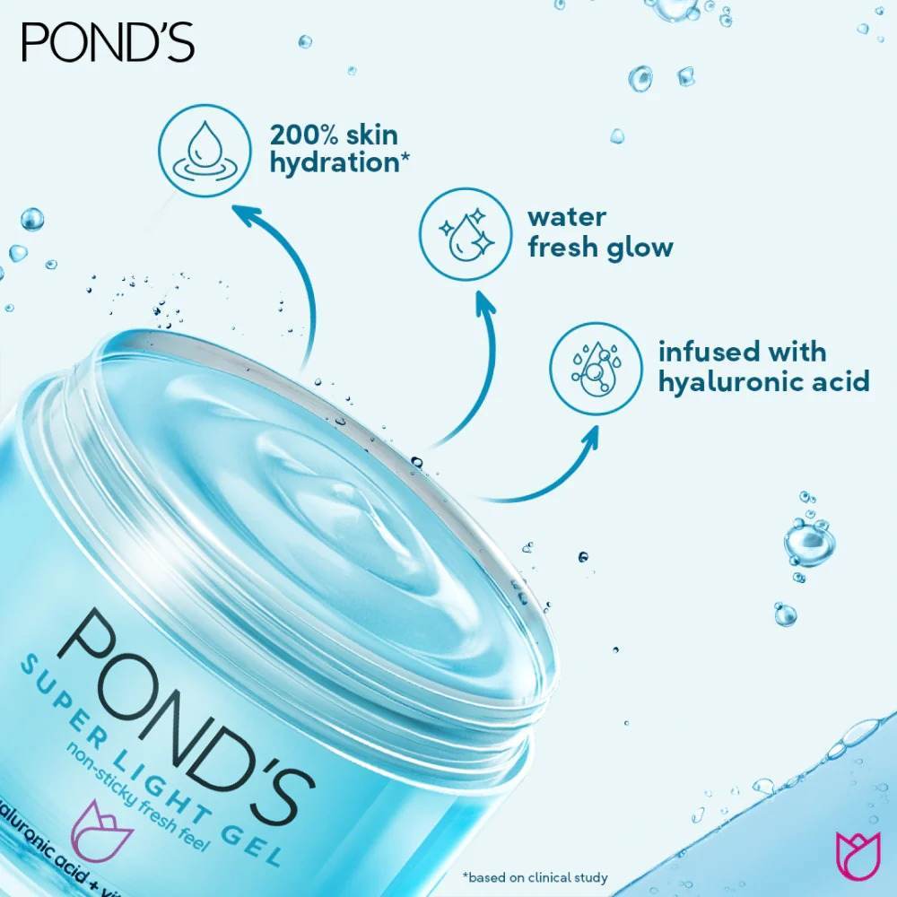 POND'S Super Light Gel jar with translucent blue gel and open lid