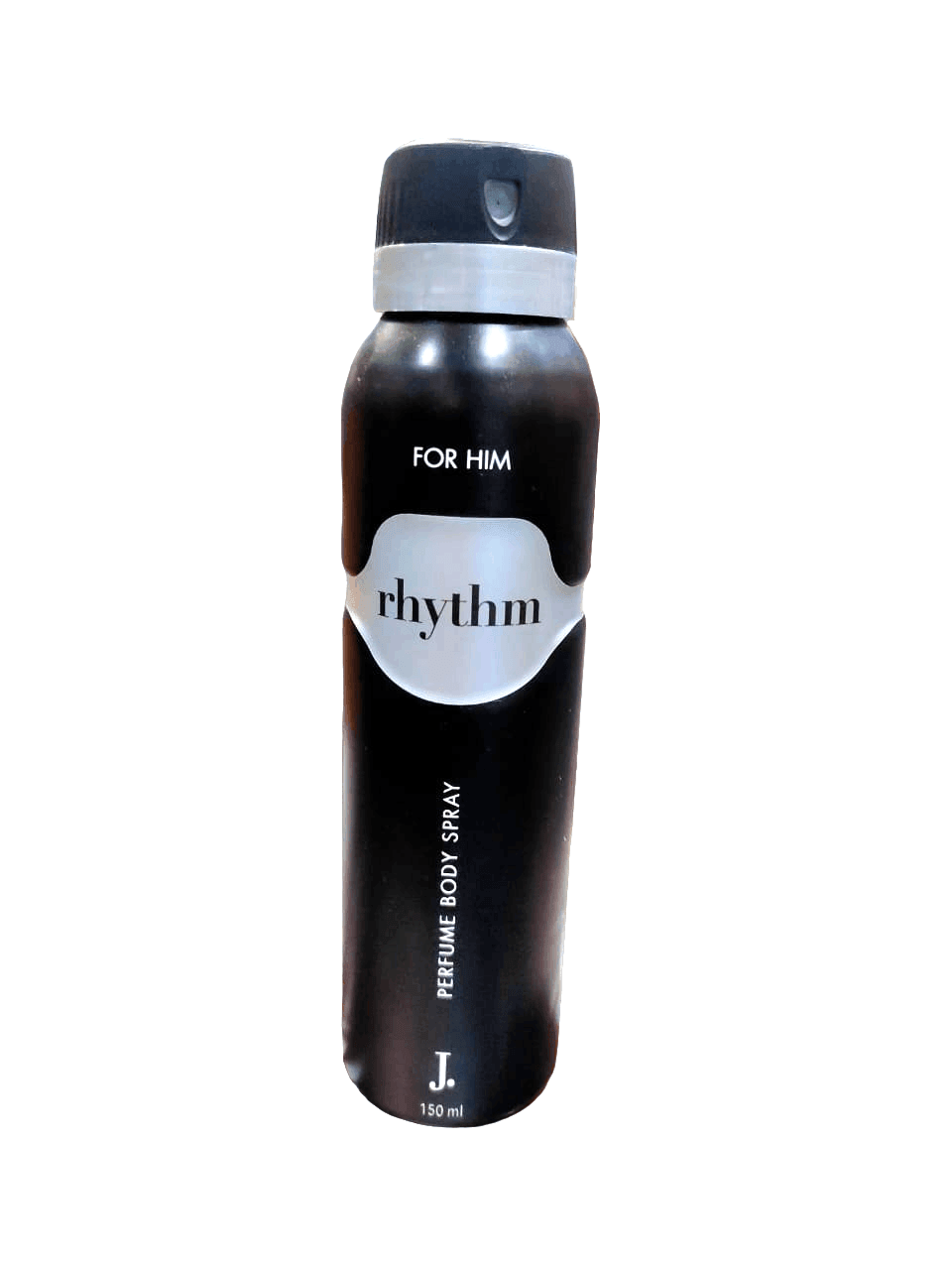 J. Rhythm body spray bottle, dark amber with silver cap and front label