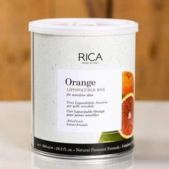 Orange liposoluble wax tub with white lid and front label, 800 ml